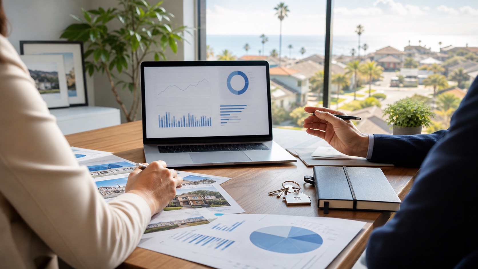 Real estate market charts and listing sheets on a desk overlooking Southern California homes.