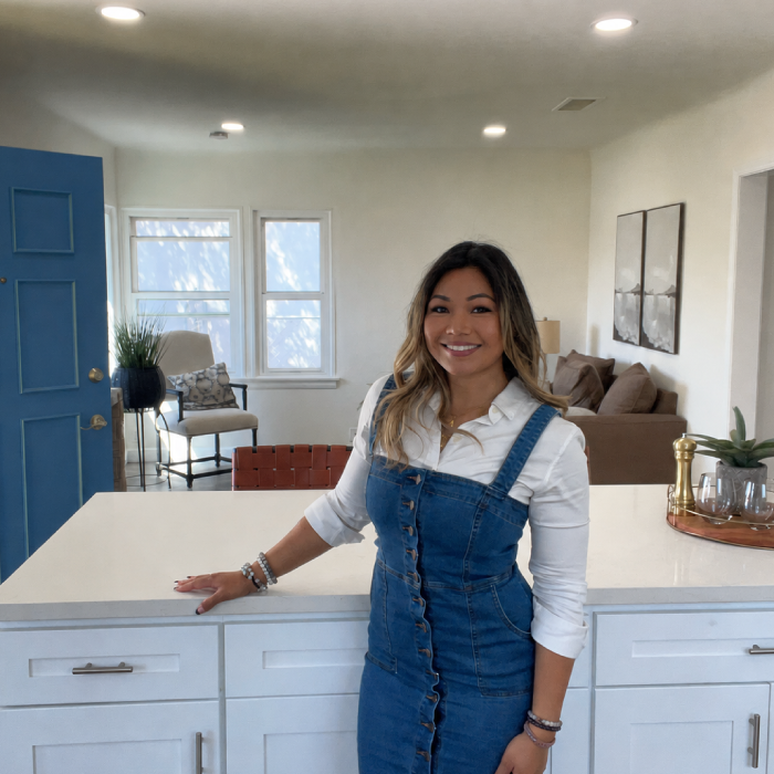Bright kitchen interior with a marble island